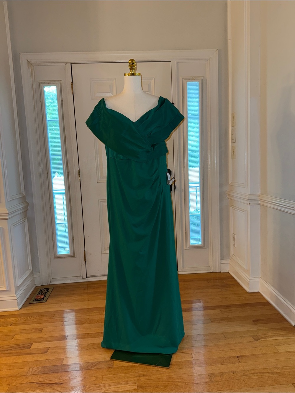 Betsy & Adam Off-Shoulder Emerald Gown